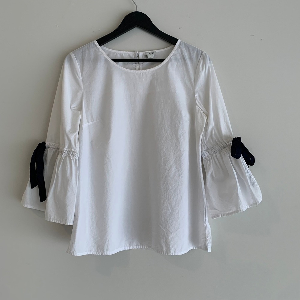 J.Crew White‎ Cotton Bell Sleeve Blouse with Navy Ribbon Ties S